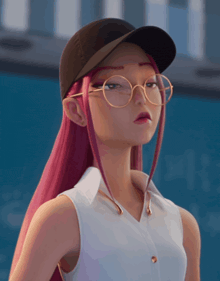 a girl with pink hair and glasses wearing a hat