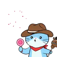 a cat in a cowboy hat is holding a magnifying glass in front of a pink heart
