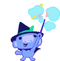 a blue cartoon character wearing a witch hat and holding a wand