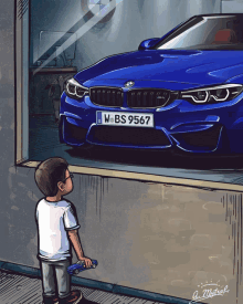 a drawing of a boy looking at a blue bmw