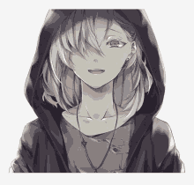 a drawing of a girl with white hair and a black hoodie