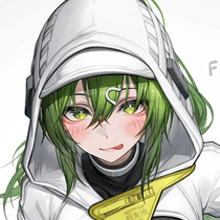 a girl with green hair is wearing a white hoodie with a heart on her forehead