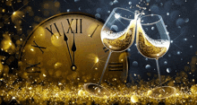 two glasses of champagne are toasting in front of a gold clock that says xii