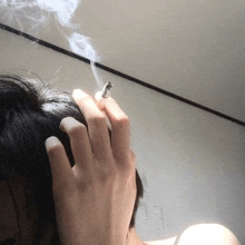 a person is smoking a cigarette in front of their head .