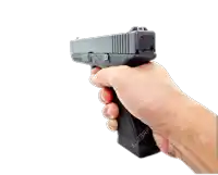 a hand is holding a gun with a white background
