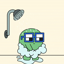 a cartoon character is taking a shower with glasses on