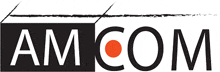 a black and white logo for am com with an orange dot