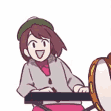 a cartoon girl is sitting at a keyboard and playing a tambourine .