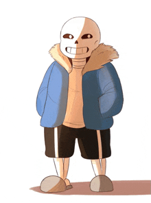 a drawing of a skeleton with a blue jacket and shorts