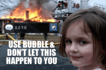 a little girl is standing in front of a burning house and a fire truck .