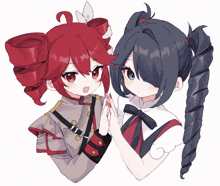 two anime girls with red hair and black hair are holding hands