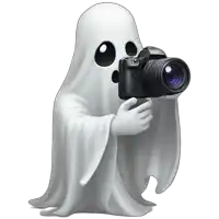 a cartoon ghost is holding a camera in his hands