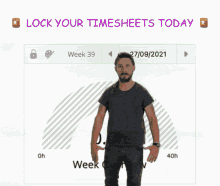 a man is dancing in front of a screen that says lock your timesheets today yesterday you said tomorrow