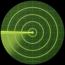 a radar screen shows a yellow circle with a grid around it