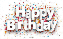 the words `` happy birthday '' are surrounded by colorful confetti on a white background .