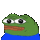 a pixel art of a green frog with a blue shirt on a white background .