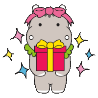 a cartoon hippo with a pink bow on its head is holding a gift box