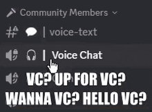 a screenshot of a community members page with a hand pointing at a voice chat button .