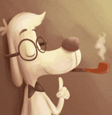 a cartoon dog with glasses and a pipe in his mouth