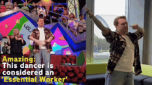 a man in a plaid shirt is dancing next to a sign that says " amazing "