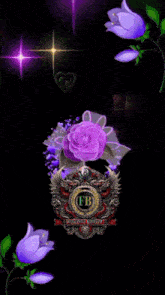 a picture of purple roses and hearts with the letters fb on it