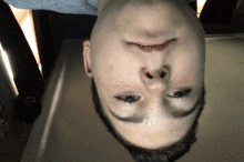 a person 's head is upside down and their eyes are visible