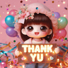 a doll holding a sign that says " thank you "