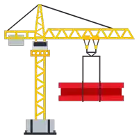 a yellow construction crane is lifting a red piece of metal