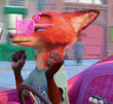 a cartoon fox wearing sunglasses and a shirt that says fancy