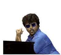 a man wearing sunglasses and a blue shirt is sitting on a piano