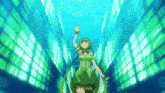 a girl in a green dress is standing in a tunnel of green lights