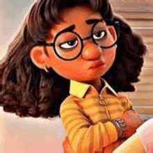 a cartoon girl wearing glasses and a yellow shirt is holding a book and looking at the camera .