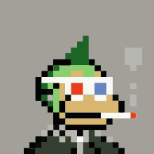 a pixel art of a monkey with a mohawk and 3d glasses smoking a cigarette