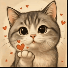 a cat is surrounded by red hearts and is holding a heart in its paw