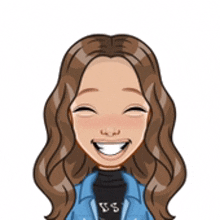 a cartoon of a woman smiling with her eyes closed and wearing a blue jacket .