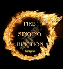 a logo for fire singing junction with a microphone in the middle