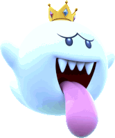 a cartoon ghost with a crown on its head and a pink tongue sticking out