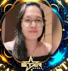 a woman wearing glasses is in a star maker photo frame