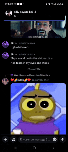 a screenshot of a text message between jinx and a cartoon character