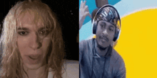 a man and a woman are standing next to each other and the woman is wearing headphones .