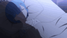 a girl with blue hair is sleeping in a white bed