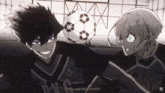 two anime characters are standing next to a soccer ball and one of them is wearing a jersey that says d-v-g