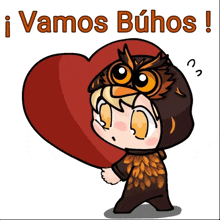 a cartoon of an owl holding a heart with the words vamos buhos written above it