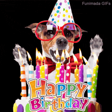 a dog wearing glasses and a party hat stands in front of a birthday cake with candles
