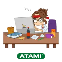 a cartoon of a woman sitting at a desk with a laptop and a bottle of soda with the word tick above her