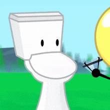 a cartoon drawing of a toilet with a face and a balloon in the background