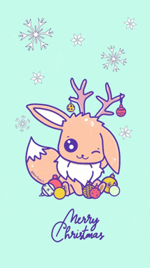 a christmas card with an eevee with antlers and christmas decorations