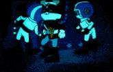 a group of cartoon characters wearing blue helmets and gloves are standing next to each other .