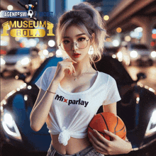 a woman wearing a white shirt that says mix parlay holding a basketball