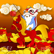 a cartoon of a penguin riding a horse with a lion costume on